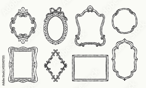 Elegant vintage frames in hand-drawn black line art. Includes baroque and rococo-inspired borders in oval, rectangular, and ornate shapes. Vector illustration for design and decoration.