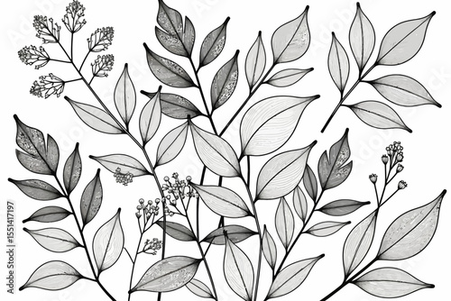 Elegant Leaf Line Art-Monochrome Botanical Illustration-Modern Minimalist Foliage Design-Nature Inspired Graphic-Black and White Floral Pattern-Stylish Plant Decor
