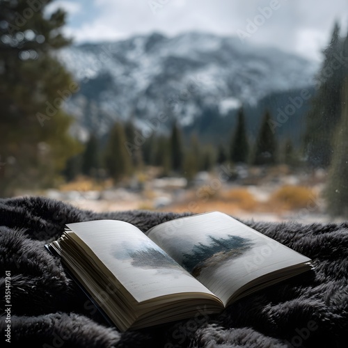 A travel journal open in a snowy mountain landscape