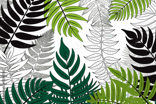 Fern Fronds Illustration-Tropical Green Black Leaves-Nature Inspired Design-Botanical Print-Modern Art-Minimalist Style-Leaf Pattern-White Background-Plant Decor