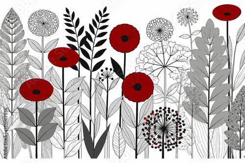 Floral Art Print - Red Poppies and Abstract Foliage Illustration - Botanical Wall Decor in Monochrome - Modern Flower Drawing Design - Unique Artwork