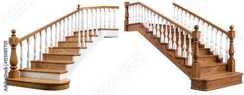  Classic Wooden Staircase with White Balusters and Newel Post Front Facing View Transparent Background PNG