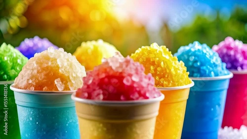 Colorful snow cones with different fruity flavors served in plastic cups on crushed ice