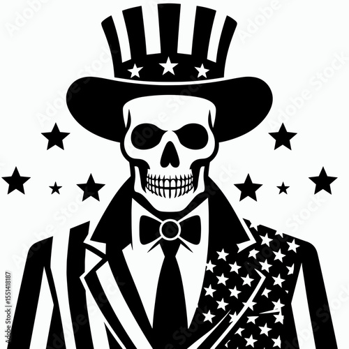 skeleton wear american patriotic costume. Dabbing Independence Day 4th of July Flag Patriotism Usa Funny Clipart Line Art Vector Illustration. Bony garb themed national holiday dressup.