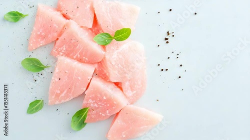 Raw pink chicken breast fillets sprinkled with salt and pepper garnished with fresh green basil leaves on a light background ready for cooking preparation