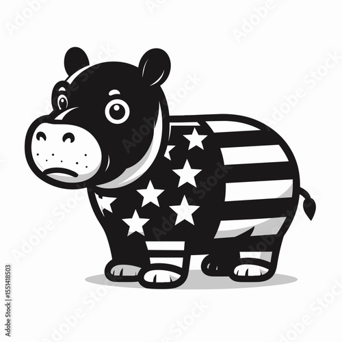 Pygmy hippo wear american patriotic costume. Dabbing Independence Day 4th of July Flag Patriotism Usa Funny Clipart Line Art Vector Illustration. Miniature water buffalo don star stripe.
