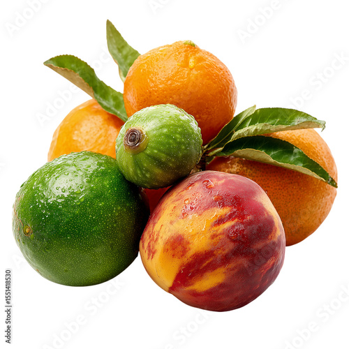 Fresh, juicy citrus fruits, including oranges and lemons, are isolated on a white background, highlighting their healthy, ripe, and organic goodness