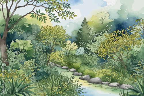 Watercolor Forest Stream Painting- Lush Greenery and Serene Watercourse- Nature Art for Wall Decor- Calming Landscape Illustration- Peaceful River Scene