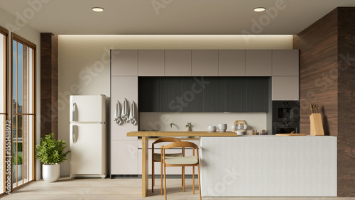 Sustainable kitchen space with elegant design and natural lighting. 3D render illustration
