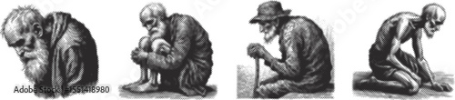 Halftone stipple engraving vector bundle of a hunchbacked old man in black silhouette style, vintage illustration design, retro etching line art for print and creative projects
