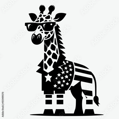 Giraffe wear american patriotic costume. Dabbing Independence Day 4th of July Flag Patriotism Usa Funny Clipart Line Art Vector Illustration. Tall beast dons celebratory garb fourth pet.