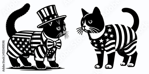 Domestic Shorthair Cat wear american patriotic costume. Dabbing Independence Day 4th of July Flag Patriotism Usa Funny Clipart Line Art Vector Illustration. House feline in united states.