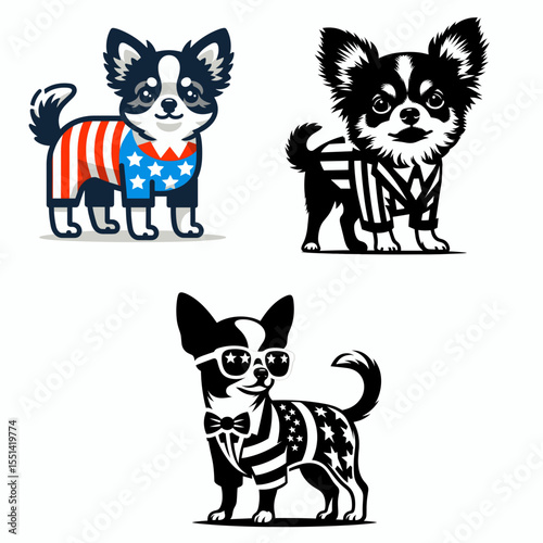 Chihuahua Dog wear american patriotic costume. Dabbing Independence Day 4th of July Flag Patriotism Usa Funny Clipart Line Art Vector Illustration. Small doggie in garb pet festive apparel.