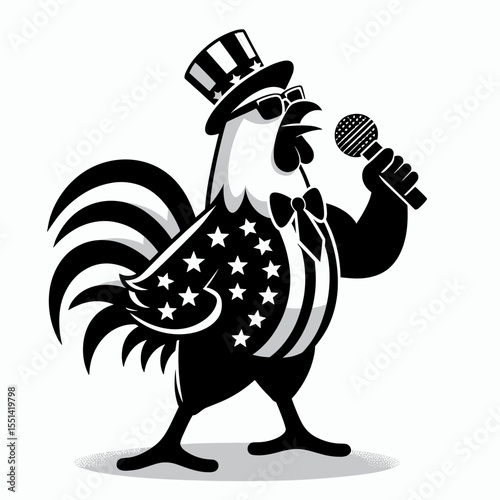 Chicken wear american patriotic costume. Dabbing Independence Day 4th of July Flag Patriotism Usa Funny Clipart Line Art Vector Illustration. Fowl donning celebratory attire national symbol.