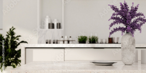 Sustainable kitchen decor featuring flowers and natural finishes. 3D render illustration