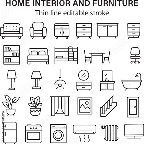 Home interior and furniture icon set. Thin line editable stroke icons for interior design, decoration, home styling, appliances, renovation, architecture