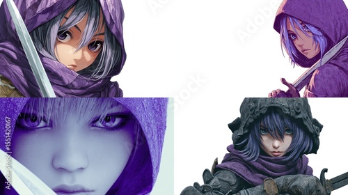 Four stylized female characters, each wearing a purple hooded cloak and wielding swords.  Close-up portraits, anime-style