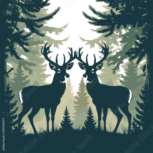 Wildlife silhouette scene with two stags and forest animals in dense woodland background

