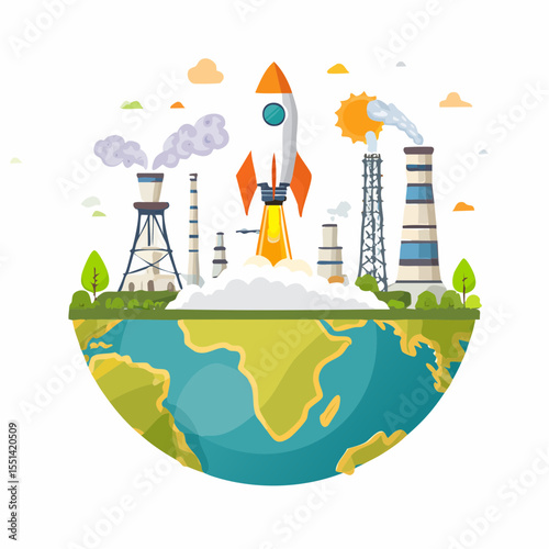 Cityscape vector illustration design: A green urban architecture with trees and eco-friendly buildings, symbolizing global business and energy solutions for earth's warming and pollution