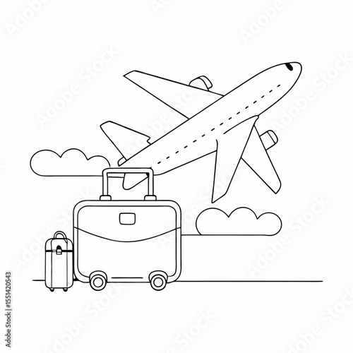 Line art illustration of an airplane taking off with luggage nearby