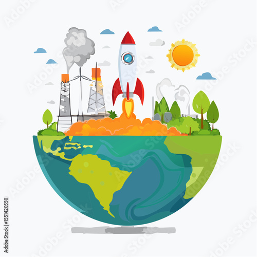 This vector illustration depicts a vibrant city landscape, a green urban world where modern architecture and nature harmoniously intertwine, symbolizing global business and travel on our planet