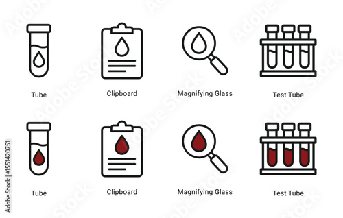 Blood test icon set in outline and flat style  ,  tube, clipboard, magnifying glass, test tube icon , vector illustration . 