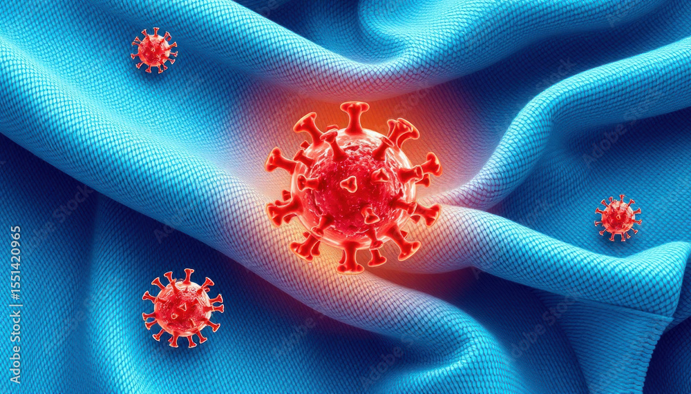 Naklejka premium Close-up Visualization of Virus Cells on Blue Fabric Background, Highlighting Infection and Microscopic Details in a Unique Artistic Style