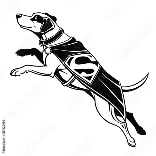 Dynamic Black and White Illustration of a Leaping Dog Dressed as Superman with Flowing Cape and Emblem
