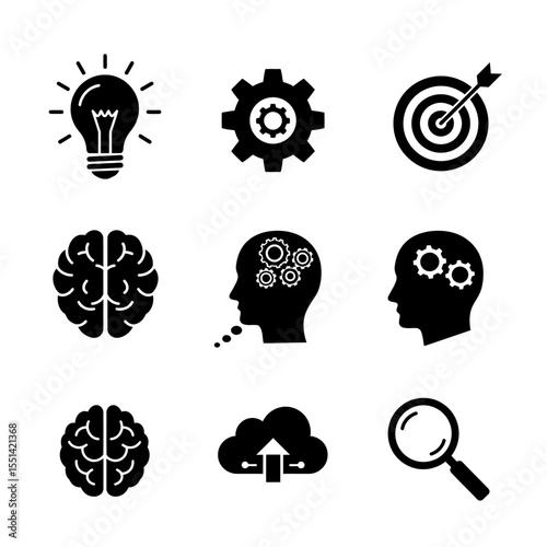 artificial intelligence icon set in line style, machine learning, smart robotic and cloud computing network digital AI technology: internet, solving, algorithm, vector illustration