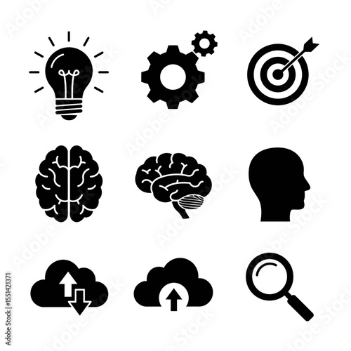 artificial intelligence icon set in line style, machine learning, smart robotic and cloud computing network digital AI technology: internet, solving, algorithm, vector illustration