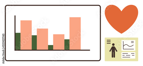 Pink and green bar graph, orange heart, and personal profile card with analytics charts. Ideal for health research, statistics, personal development, fitness, wellness, data tracking healthcare