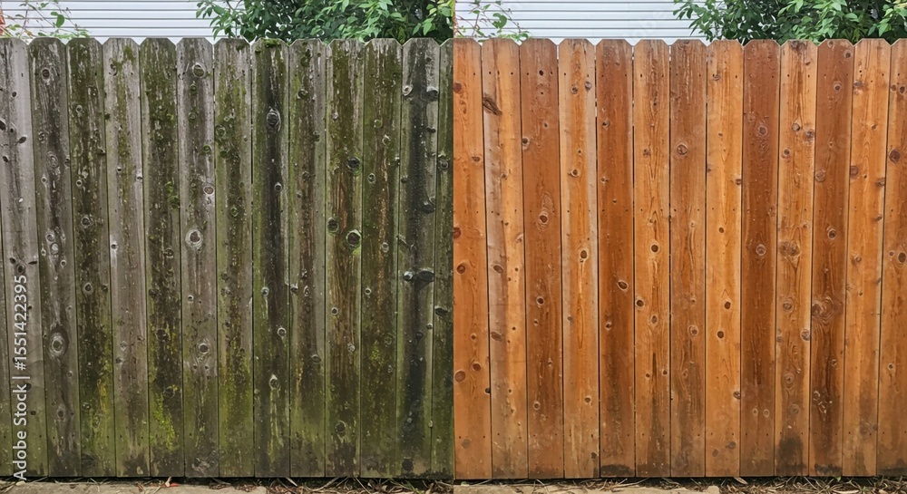 Fototapeta premium wooden fence with green grass, Pressure washing cleaning wooden fence. Difference between clean dirty surface. Moss, algae, mildew removal from old weathered wood fence. Home improvement renovation, b