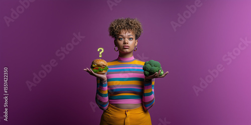 Woman attitude. Healthy dilemma. Choosing between vibrant junk food and fresh healthy options. A colorful and dynamic video concept about conscious eating habits.	
