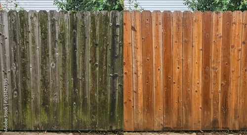 wooden fence with green grass, Pressure washing cleaning wooden fence. Difference between clean dirty surface. Moss, algae, mildew removal from old weathered wood fence. Home improvement renovation, b