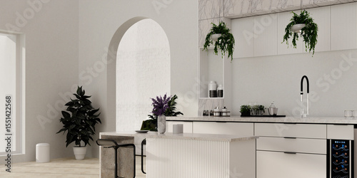 Sustainable modern kitchen design with plants and minimalist decor. 3D render illustration