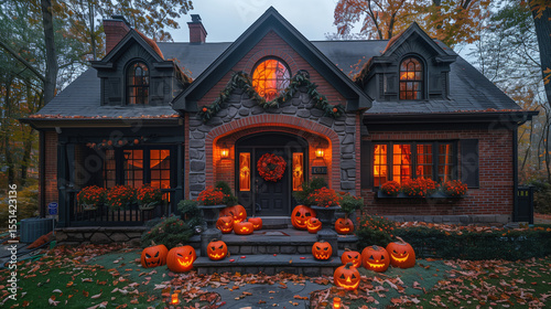 A cozy house and the area in front of it are festively decorated for Halloween. Autumn holiday. Pumpkins, garlands, bats, cobwebs. Greeting card