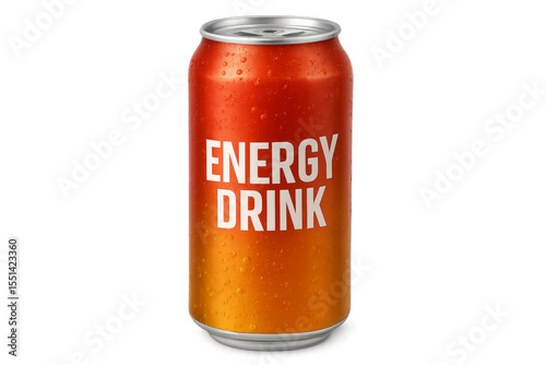Refreshing orange and red energy drink can with condensation on transparent background