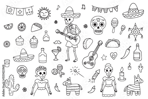 Elements of Day of the Dead in Mexico. Skeletons in a hat with maracas, sugar skull. Vector 