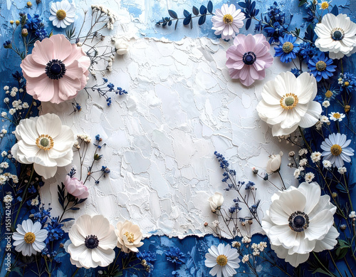 Light Pink, Blue and White Pressed Flowers on Handmade Paper in a frame