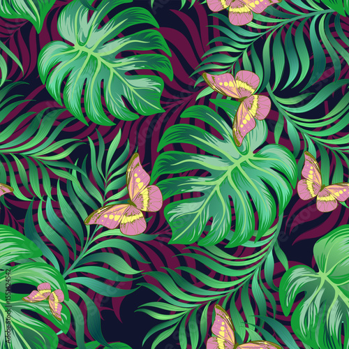 Green tropical palm leaves seamless vector pattern on the black background. Trendy summer print.	
