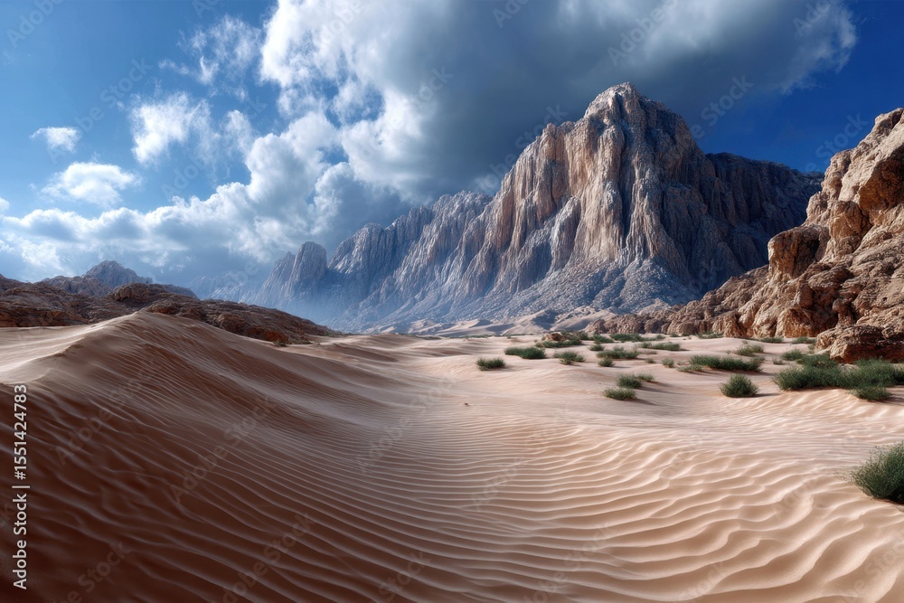 Fototapeta premium Vast desert landscape with majestic mountains and dramatic clouds under bright sky