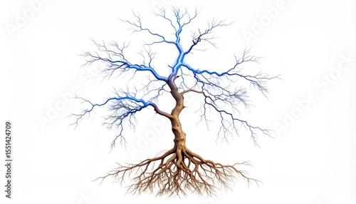 Abstract Artistic Tree With Blue Branches And Brown Roots