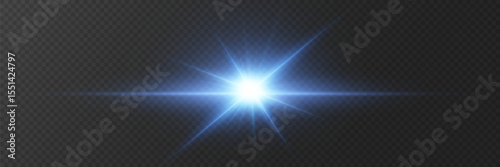 Blue glowing light explodes with shining rays and lens flares. On a transparent background