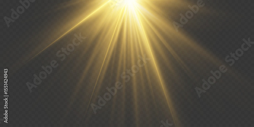 Shining golden sunbeam with glowing sparkles and lens flare. On transparent background