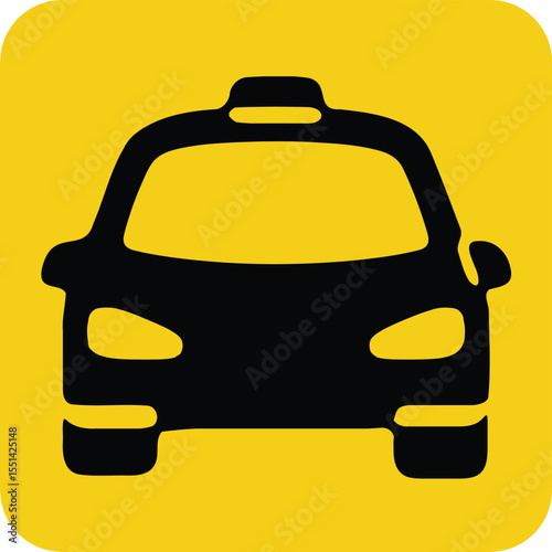 Taxi Icon: Simple and bold graphic design of a black taxi cab on a yellow square background, ideal for app icons, websites, and transportation related materials. 