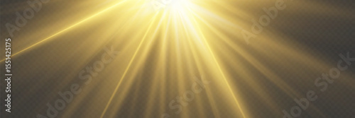 Shining golden sunbeam with glowing sparkles and lens flare. On transparent background