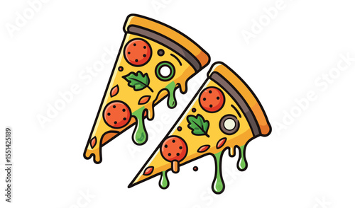 Two slices of delicious pepperoni pizza with dripping cheese and fresh basil leaves