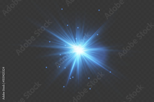 Blue glowing light explodes with shining rays and lens flares. On a transparent background