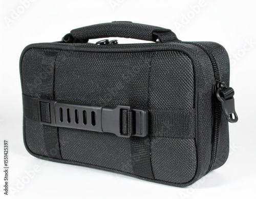 Black Camera Case with Zipper and Shoulder Strap on Neutral Background