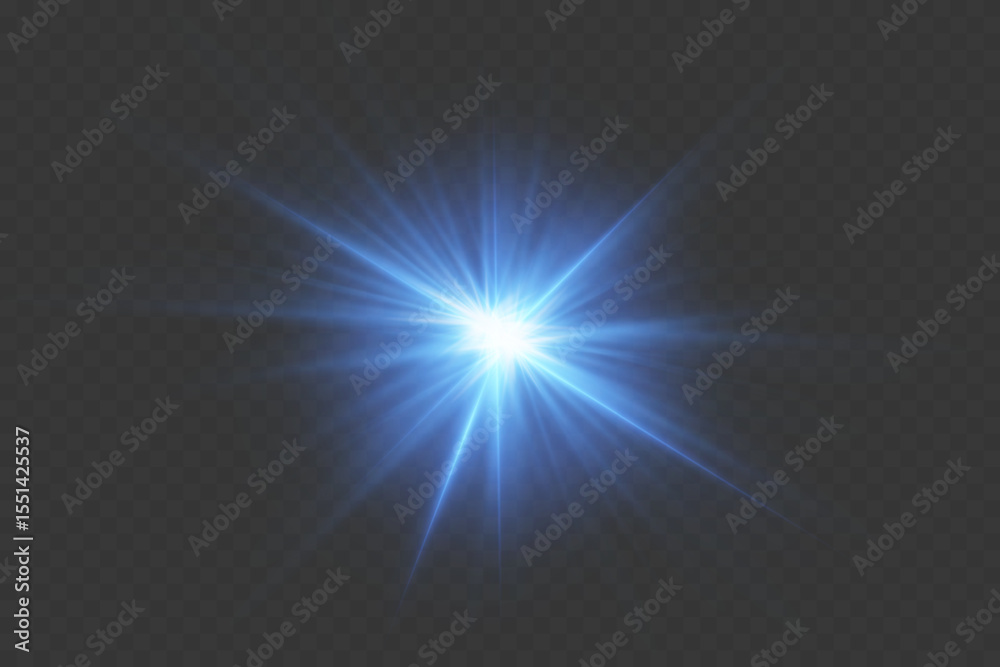 Obraz premium Blue glowing light explodes with shining rays and lens flares. On a transparent background